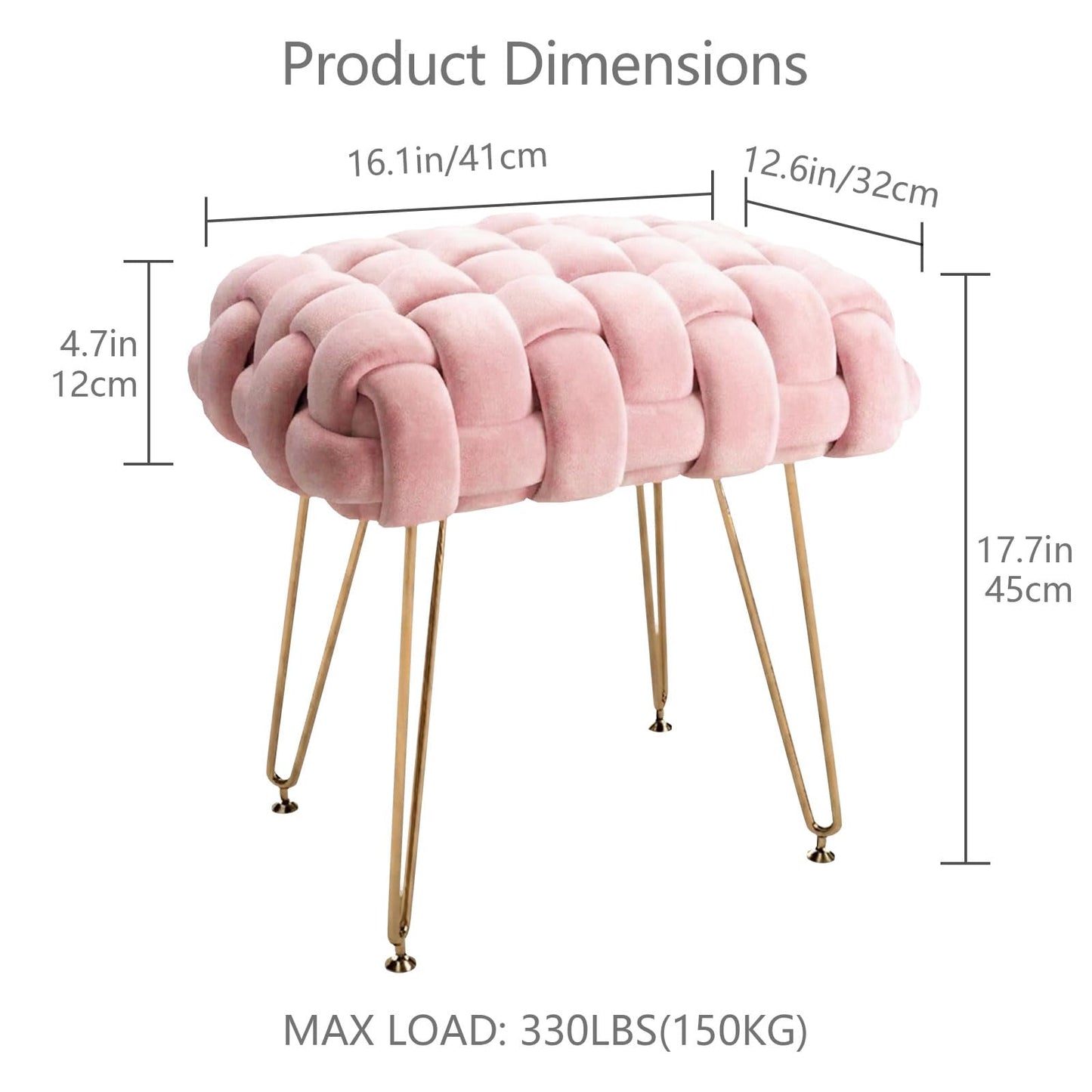 Sefulei Upholstered Velvet Vanity Stool, Hand-Woven Makeup Vanity Chair with Gold Metal Legs, Modern Foot Stool Ottoman for Living Room Bedroom, Easy Assembly (Pink)