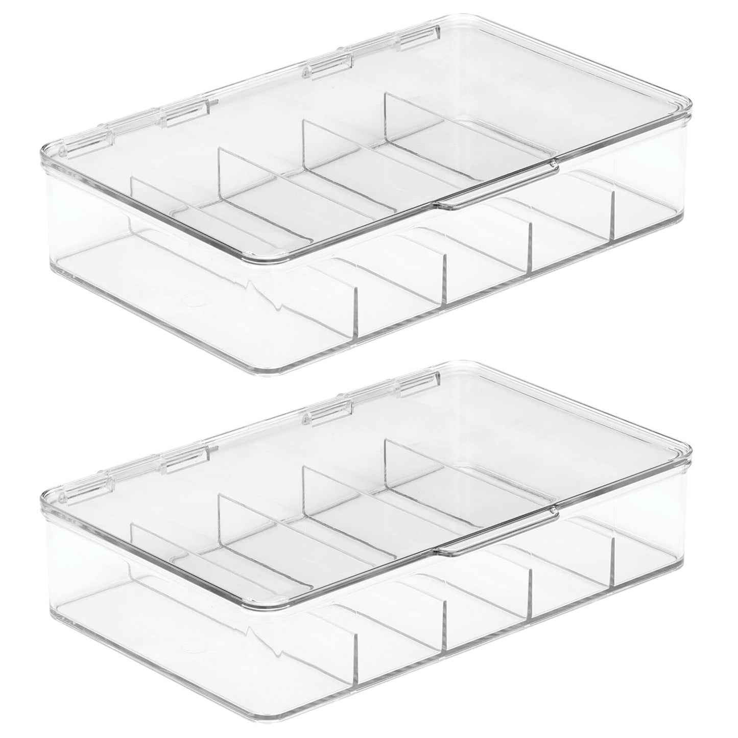 mDesign Plastic Divided Stackable Hair, Makeup & Jewelry Organizer Box with Hinge Lid for Bathroom Vanity Countertop - 5 Sections - Stores Hair Clips, Barrettes - Ligne Collection - 2 Pack - Clear