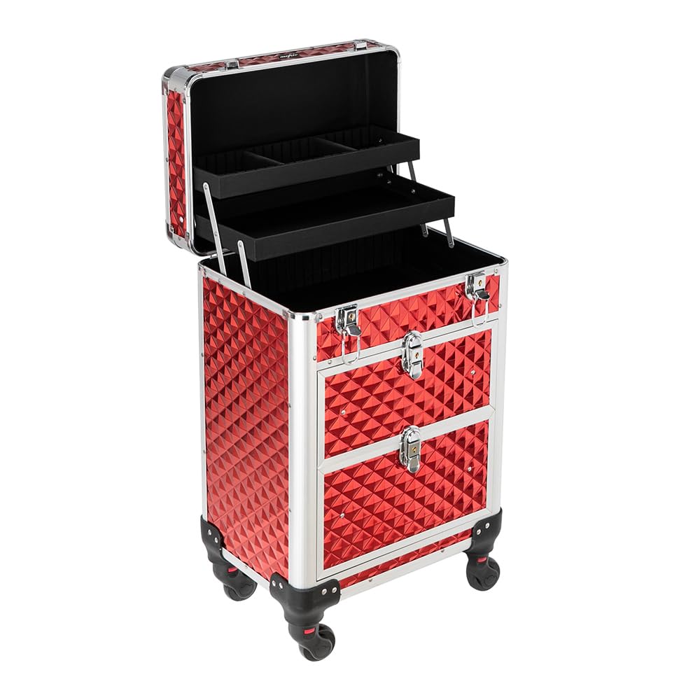 OmySalon Aluminum Rolling Makeup Train Case, Portable Makeup Organizer Suitcase, Cosmetic Storage Box, Travel Beauty Luggage Trolley Lockable w/4 Removable Wheels & 2 Sliding Drawers, Red