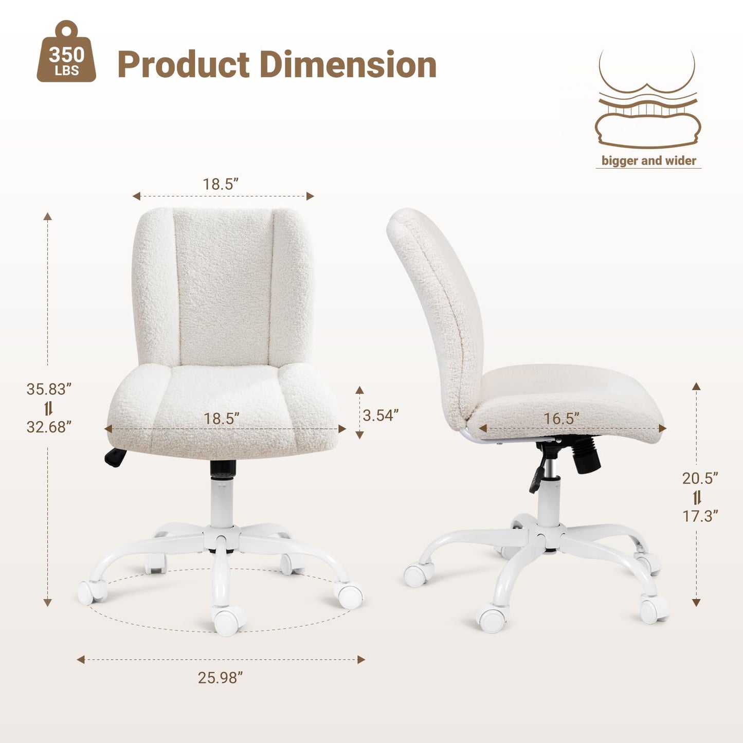 KRAMZMING Vanity Chair with Wheels, Armless Office Chair Height Adjustable, Cute Desk Chair with Soft Lumbar Support for Small Space, Bedroom, Make-up Room, White