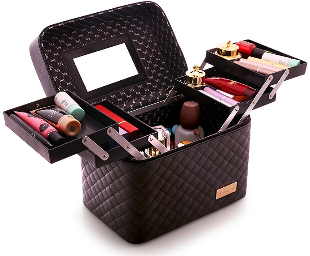 Sooyee Makeup Bag Cosmetic Bag with Mirror, 4 Layer Foldable Tray Makeup Organizer Open to the Sides, Makeup Travel Bag for Women, Train Case, Black