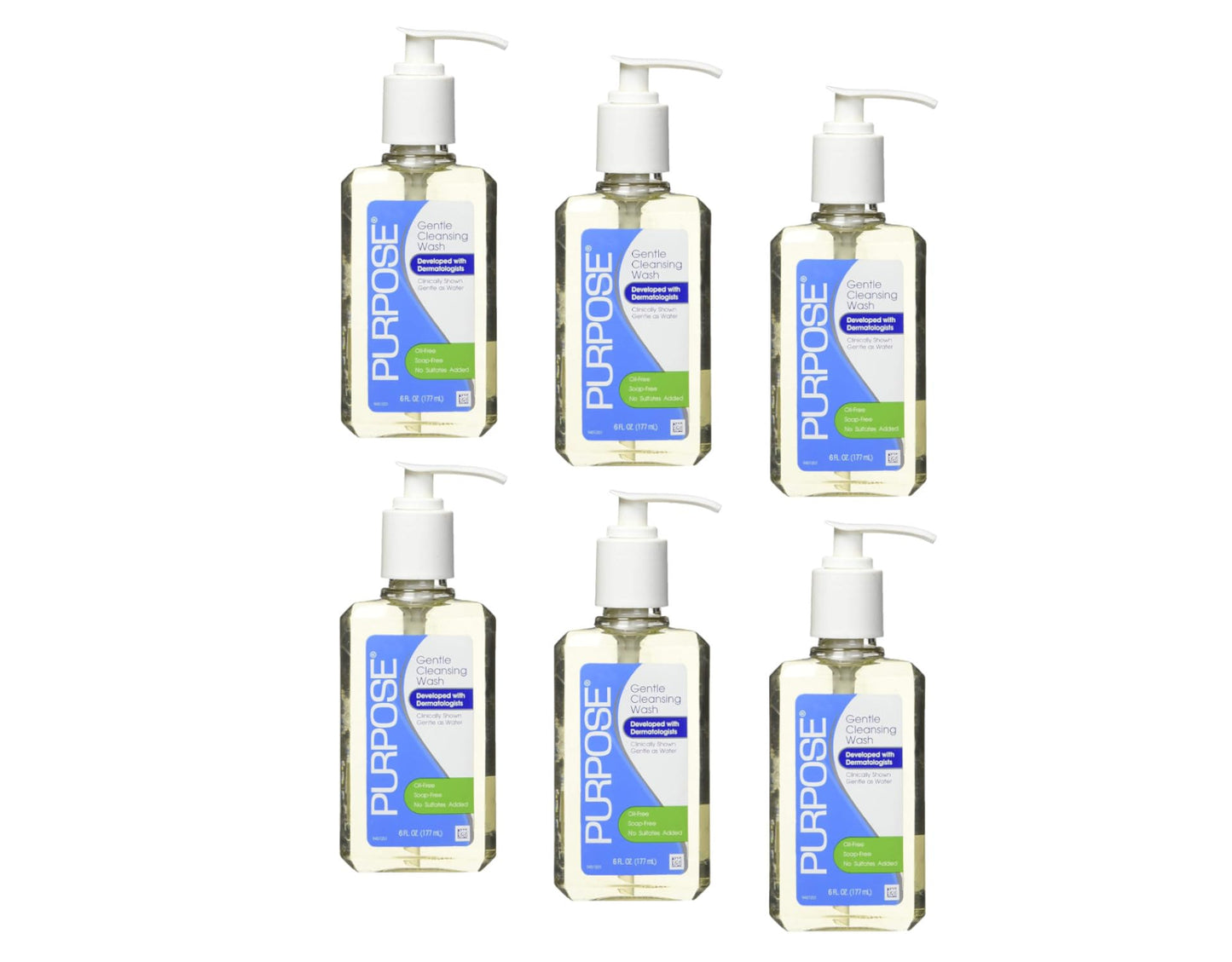 Purpose Gentle Cleansing Wash For All Skin Types, Gentle As Soap, Removes Dirt, Oil, and Makeup Without Over-Drying, Pump Bottle, 6 Fluid oz (Pack of 6)