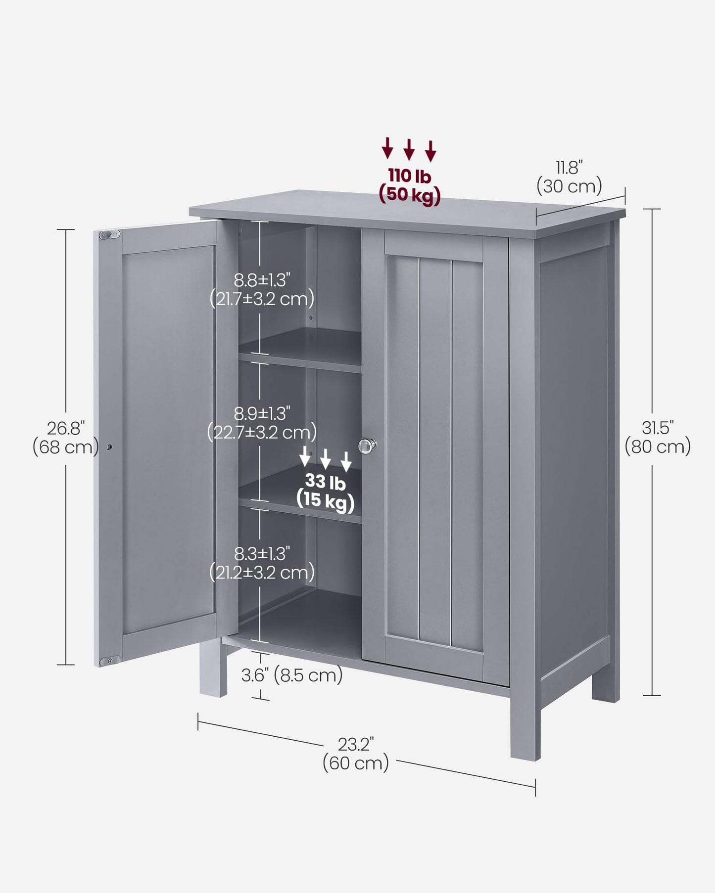 VASAGLE Bathroom Floor Storage Cabinet, Bathroom Storage Unit with 2 Adjustable Shelves, Bathroom Cabinet Freestanding, 11.8 x 23.6 x 31.5 Inches, Dove Gray UBCB060P36