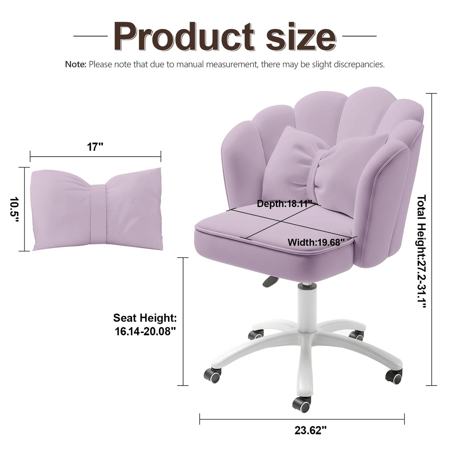 XUEGW Petal Desk Chair with Bow Cushion Velvet Vanity Chair with Wheels, Upholstered Home Office Chair for Girls Women, Mid-Back Swivel Computer Task Chairs for Living Room Bedroom