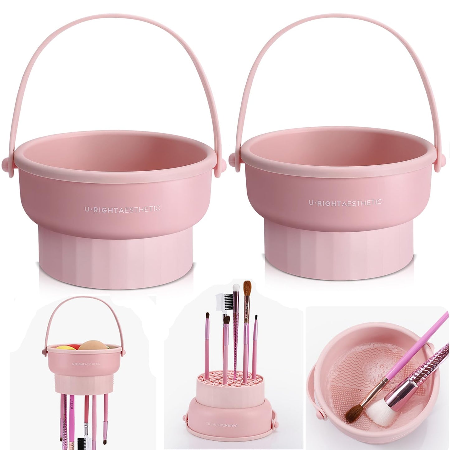 GOLIKEE 2 Pack Makeup Brush Cleaner Mat 3 in 1 Silicone Makeup Brush Cleaner Makeup Brush Cleaning Bowl Makeup Brush Sponge Scrubber Tool for Cleaning, Storage And Upside Down Drying（Two Pink