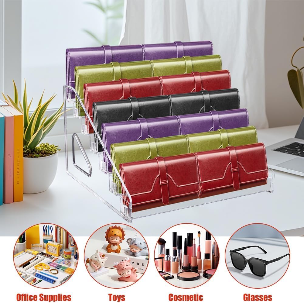 Bsenogou Wallet Display Stand, Acrylic 7-Tier Purse Display Stand, 7.8" Handbag & Perfume Organizer Rack, Cosmetic Jewelry Sunglasses Makeup Accessories Shelf (1 Pack)