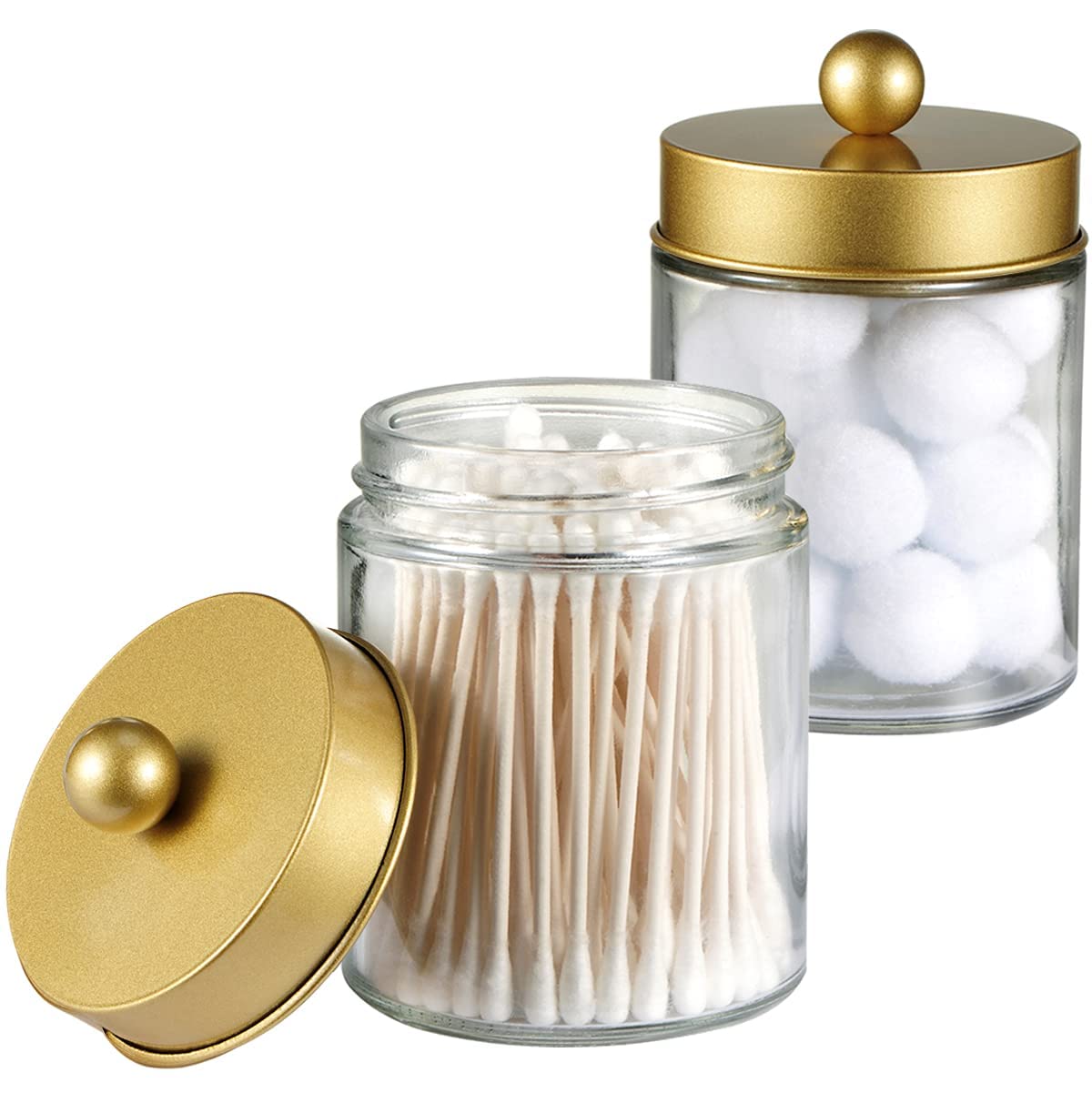 Amolliar 4 Pc Glass Apothecary Jars - Countertop Qtip Dispenser Holder with Stainless Steel Lids &Cute Stickers -Bathroom Vanity Storage Organizer Set for Qtips,Cotton Swabs,Makeup Sponges(Gold)