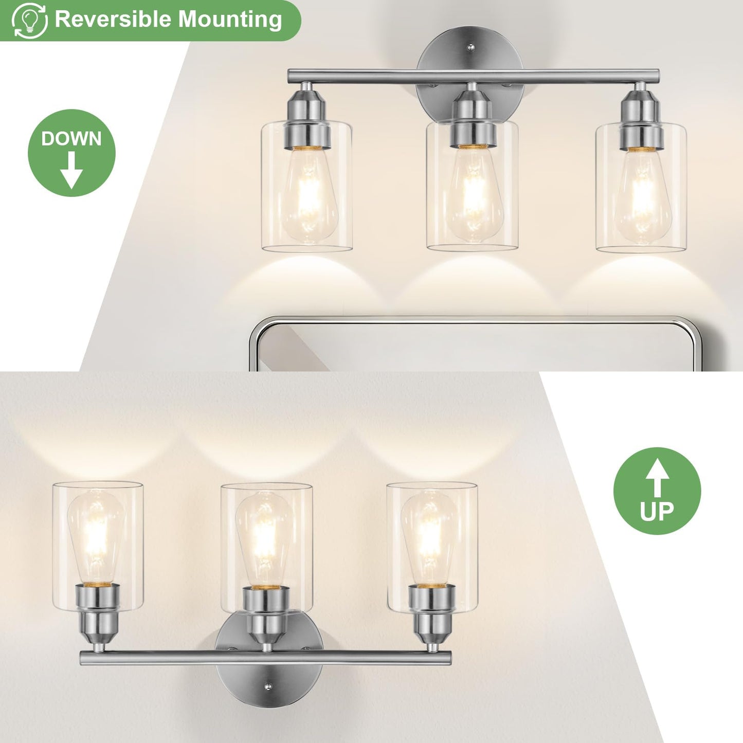 Percantis 3-Light Bathroom Vanity Light Fixture, Modern Wall Lamp for Mirror with Clear Glass Shade, Silver Finish