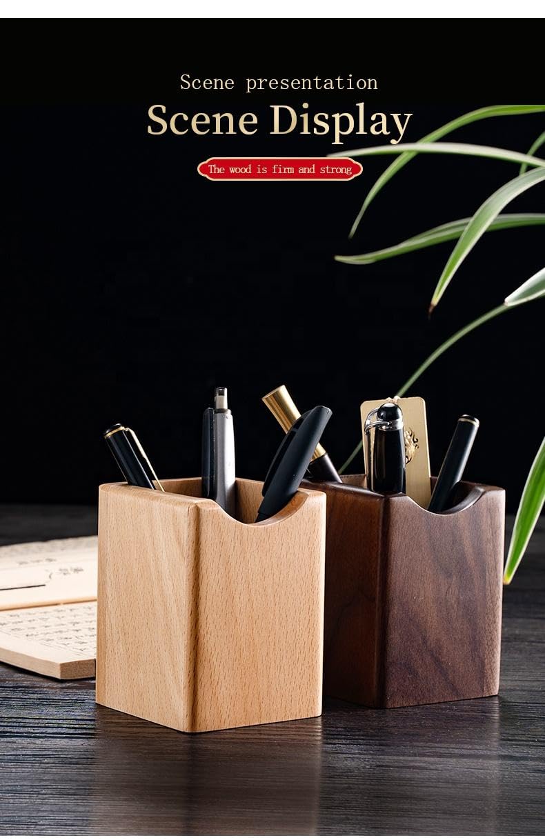 Wooden Pen Holder for Desk, 2 Pack Natural Wood Pencil Cup Holder – Office Desk Accessories Organizer, Makeup Brush Holder, Kids Crayon Marker Caddy, Eco-Friendly (2 Pack - 1 Beech + 1 Walnut))