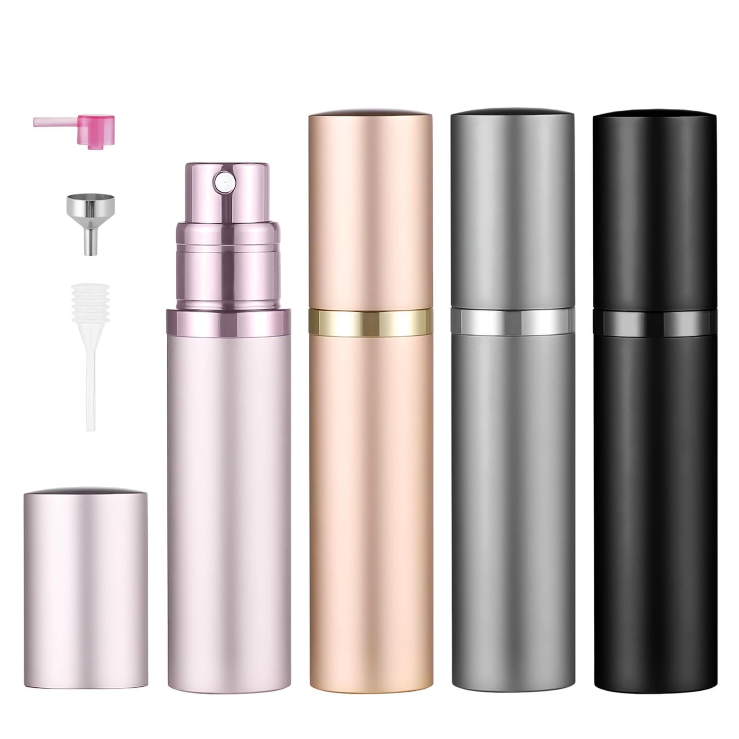 4PCS Perfume Travel Refillable Bottle, 5ml Cologne Travel Bottle, Atomizer Sprayer for Perfume, Mini Cologne Dispenser Empty Fragrance Spray for Women, Men, Gift(Black & Grey & Rose Gold & Pink)