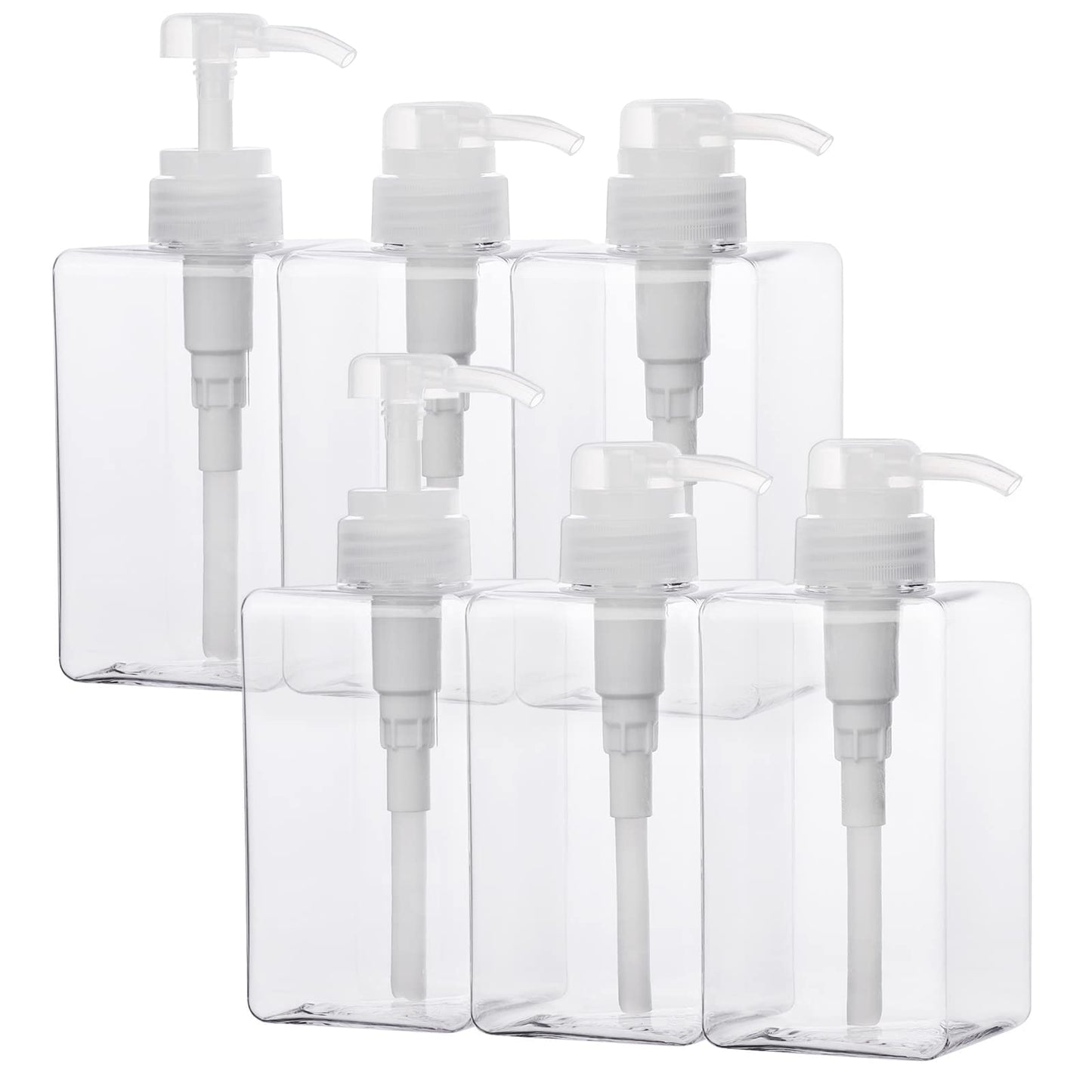 SUREAM Clear Empty Pump Bottles 6 Pack, 15oz/450ml Plastic Refillable Square Containers for Essential Oil Soap Lotion Shampoo Conditioner, Large Hand Pump Dispensers for Bathroom and Kitchen Sink Use