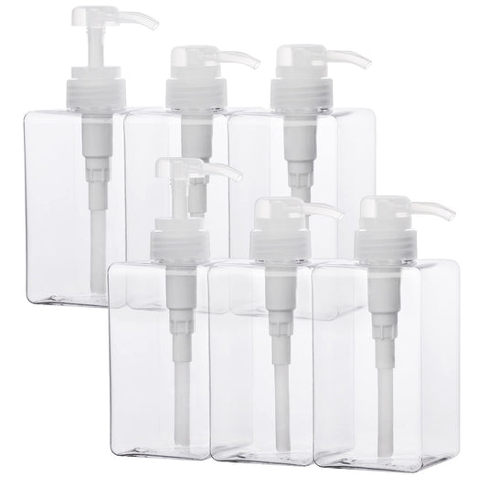 SUREAM Clear Empty Pump Bottles 6 Pack, 15oz/450ml Plastic Refillable Square Containers for Essential Oil Soap Lotion Shampoo Conditioner, Large Hand Pump Dispensers for Bathroom and Kitchen Sink Use