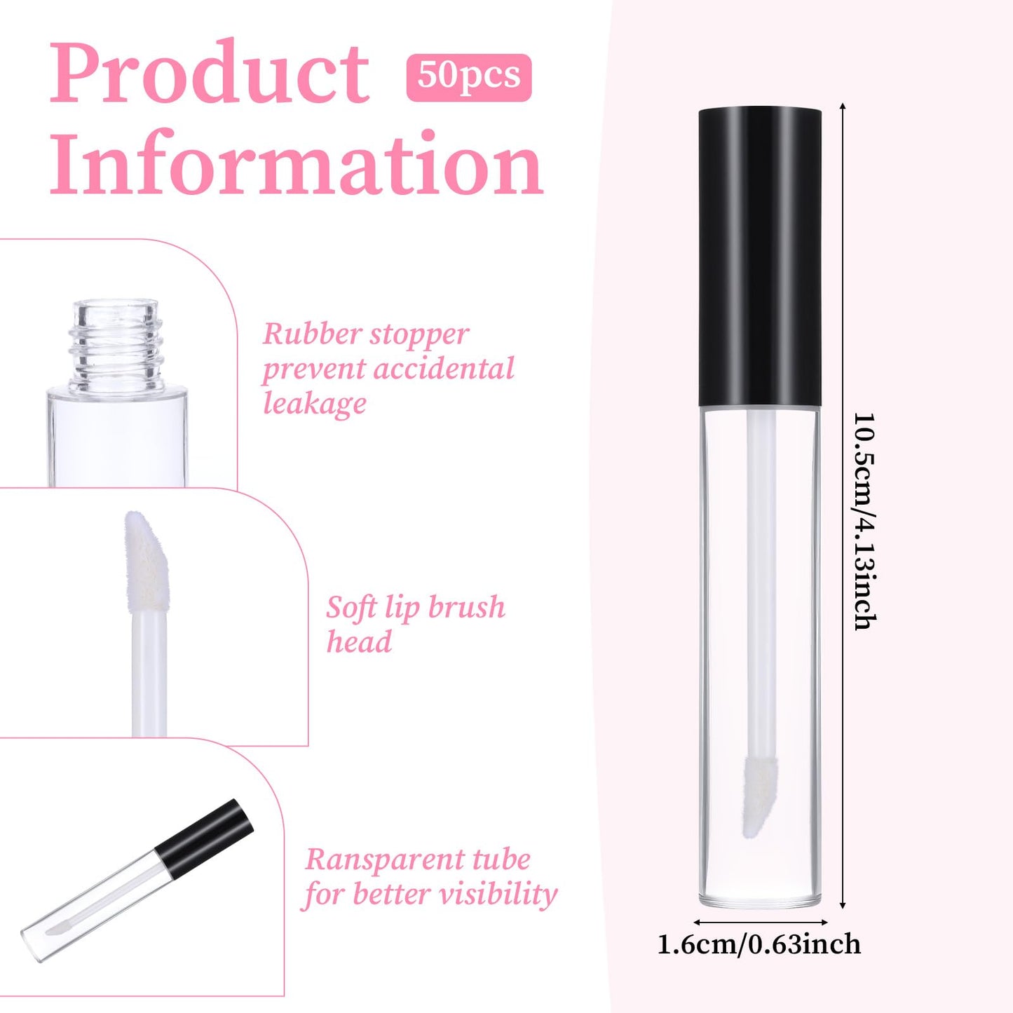 Giantree 50 Pack 10 ml Empty Lip Gloss Tube Containers, Refillable Lip Balm Bottle Plastic Reusable Gloss Container Lipstick Bottle with Rubber Insert for Travel DIY Makeup Personal Cosmetic