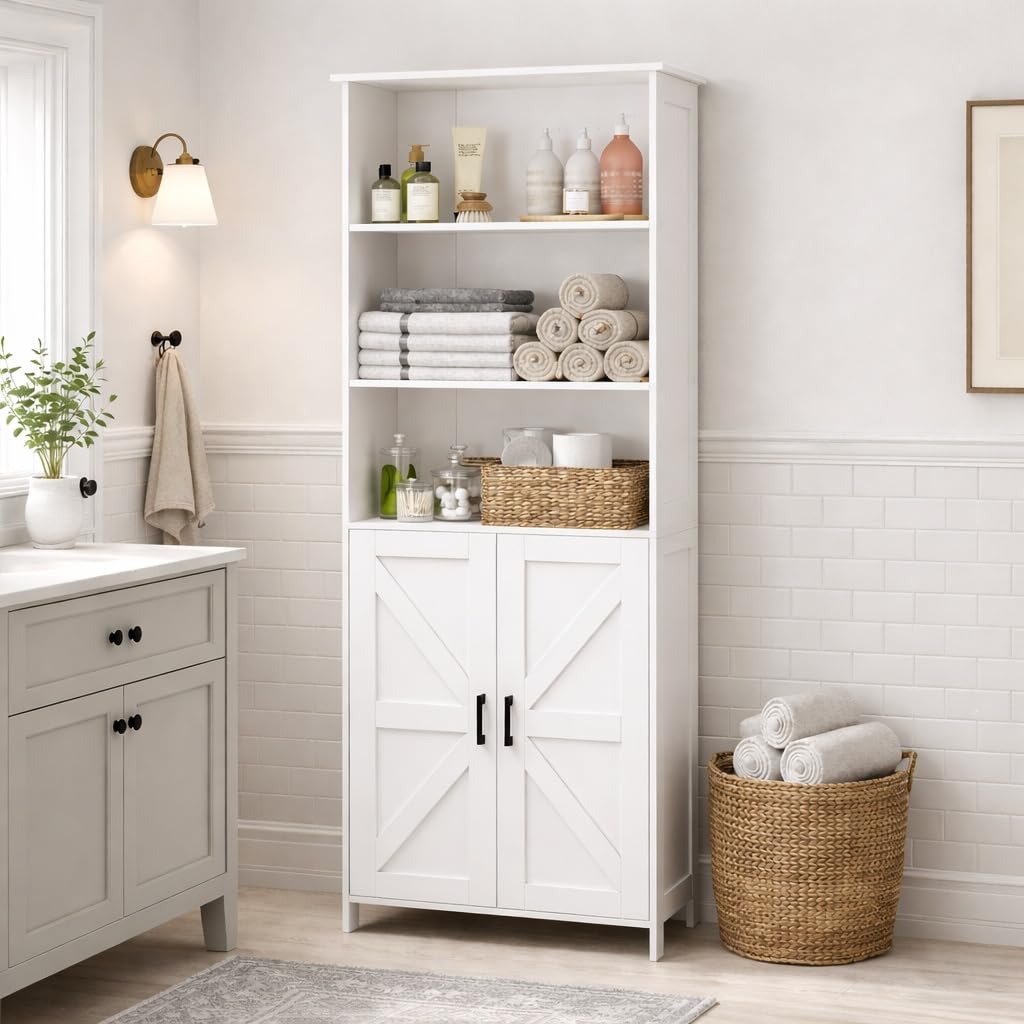 Homhedy 67" Tall Bathroom Storage Cabinet, Freestanding Farmhouse Cabinet with 2 Doors and Adjustable Shelf, Bathroom Organizers and Storage for Kitchen, Living Room, Laundry Room, White