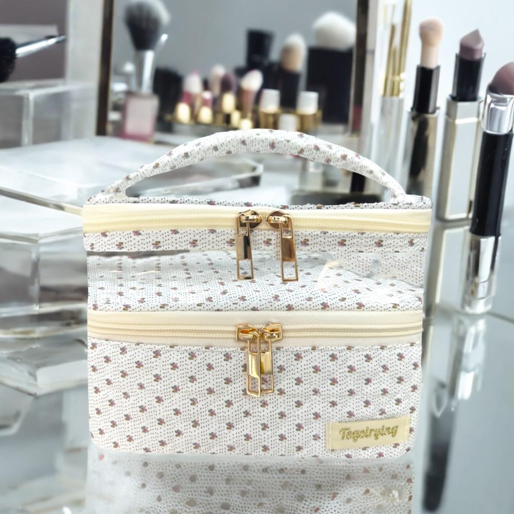 Tegelrying Travel Makeup Bag,Double Layer Large Cotton Quilted Makeup Pouch Soft Cosmetic Organizer with Handles,Cute Make up Case Toiletry Bags for Women,White Flroal