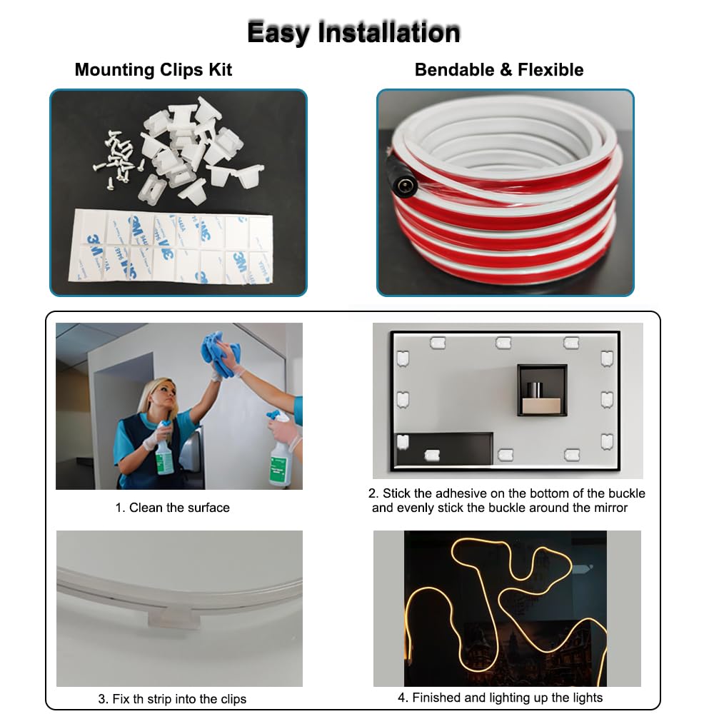 LED Vanity Mirror Lights 16.4FT, Strong Adhesive Dimmable Silicone Strip Lights for Mirror, Waterproof Eye-Care Warm White 3000K Flexible Lighting for Bedroom Bathroom (Mirror NOT Included)