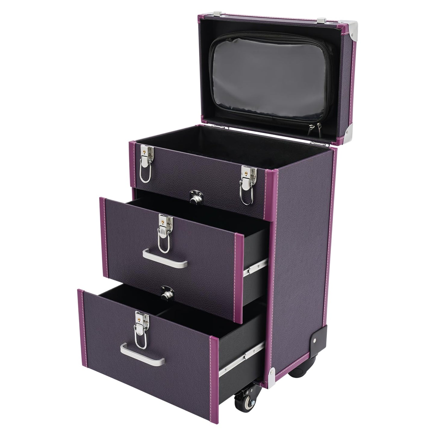 FLYHERO Professional Makeup Trolley Case, Rolling Makeup Nail Case Makeup Train Case with 4 Wheels Jewelry Travel Cosmetic Organizer Makeups Train Suitcase for Outdoor, Travel (Silver+Purple)
