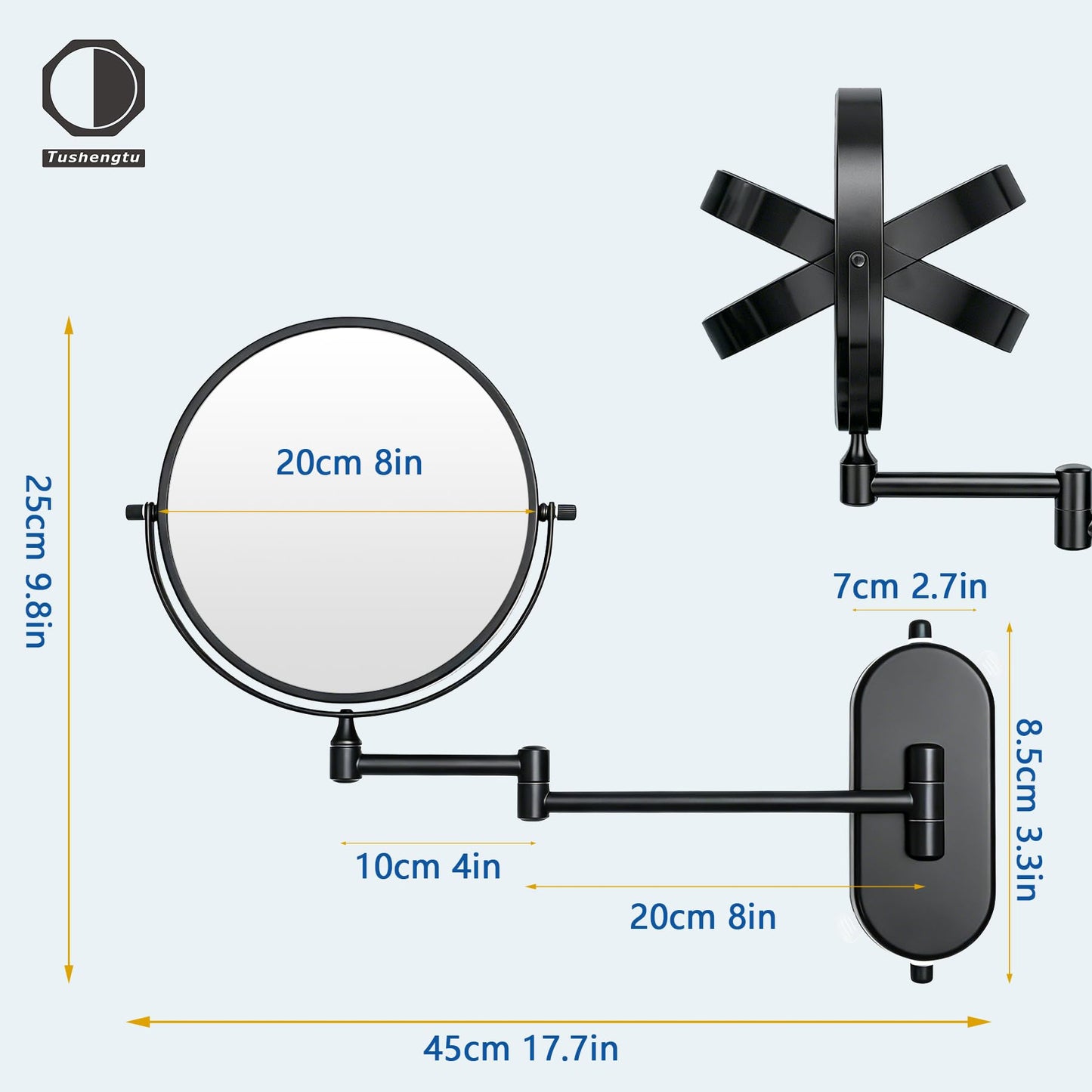 8“ Suction Cup Makeup Mirror Wall Mounted No Drilling, 1X/10X Magnifying Mirror Wall Mounted Makeup Mirror Swing Arm 360° Rotation, Wall Mount Powerful Suction Cup for Bathroom & Shaving Black