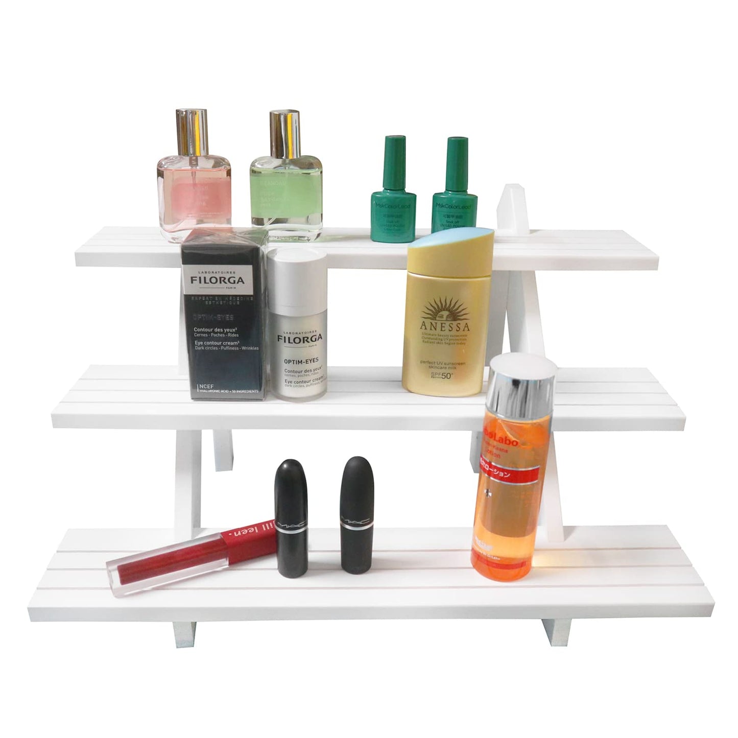 NAJMECHOY Retail Display Riser Earring & Ring Holder Brown Wood Stand Storage Shelf Rack Jewelry Rack Desktop Display Cup Rack Simple Frame (3-Tier-White)