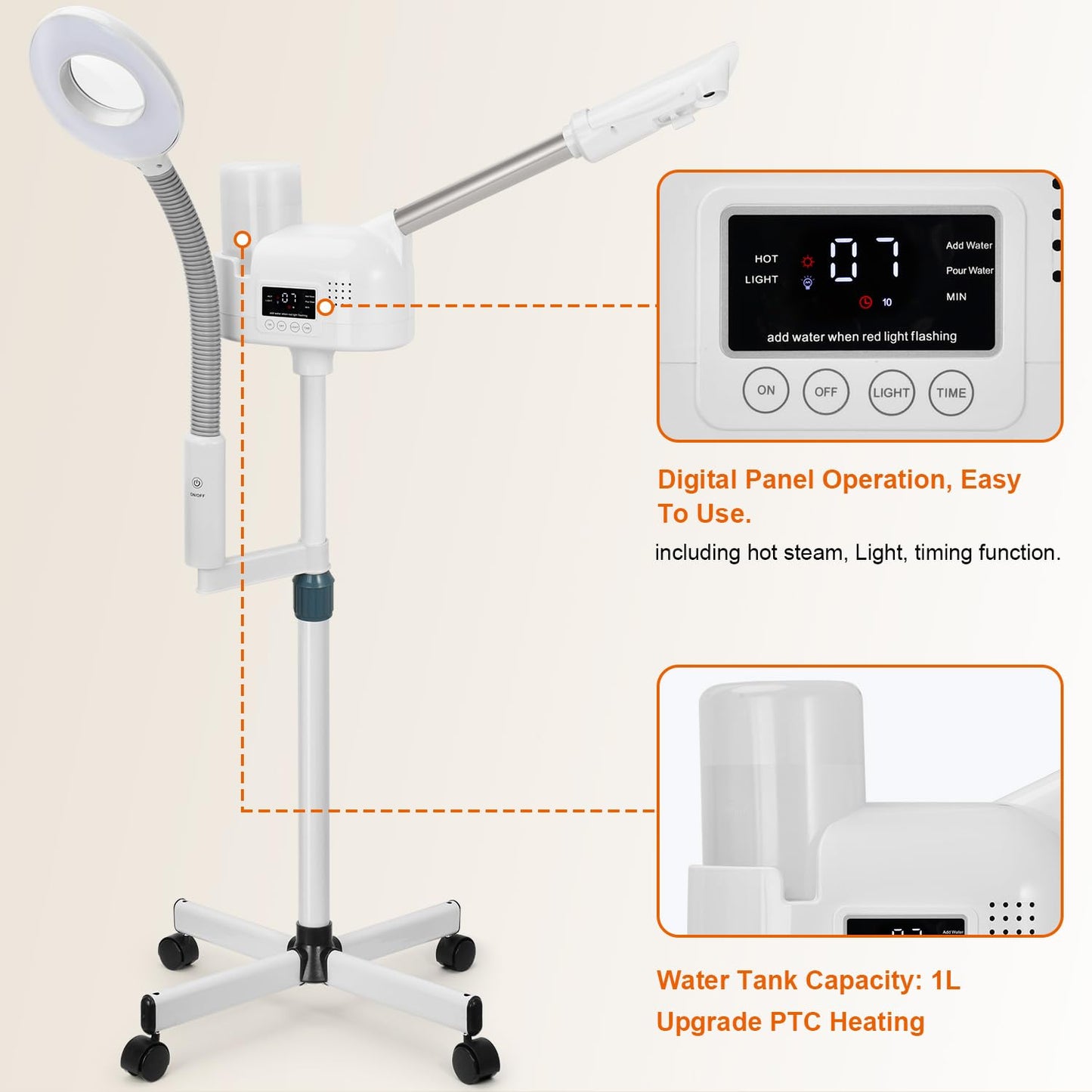 Professional Facial Steamer with 5X Magnifying Lamp, 2 in 1 Facial Steamer Upgrade PTC Heating, Esthetician Steamer Black Face Steamer for Salon Spa Beauty Skin Care (White)
