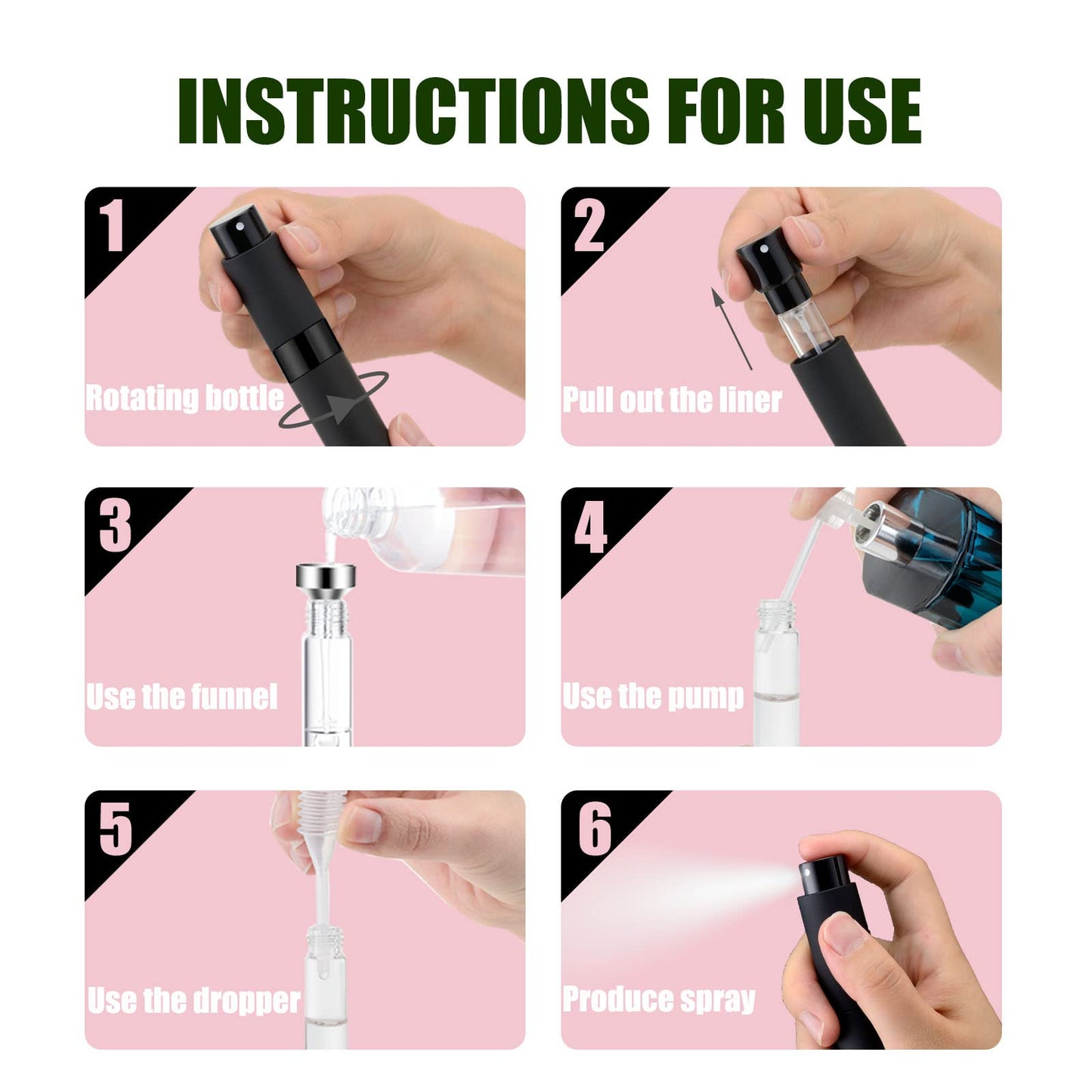 IRON BILL 4 PCS/8ml Portable Mini Perfume Atomizer Bottles, Empty Refillable Spray Bottle with 3 Types of Refill Tools, Pocket Travel Perfume Sample Bottles(Matte Black&Silver&Pink&Blue)