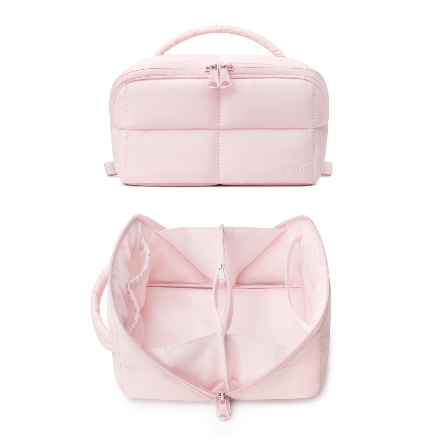Comfyable Puffy Makeup Bag for Women, Compact Cosmetic Organiser for Girl, Cute Lightweight Travel Pouch, Open Flat Water-Repellent Make Up Bag, Light Pink