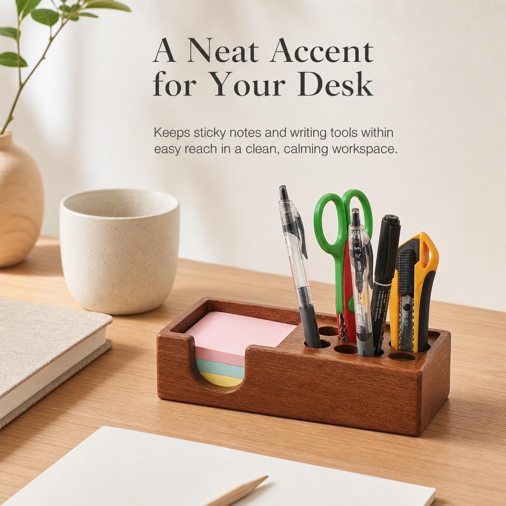 RiLiKar Wood Pencil Holder Pen Display Stand 3x3 Inch Sticky Note Holder