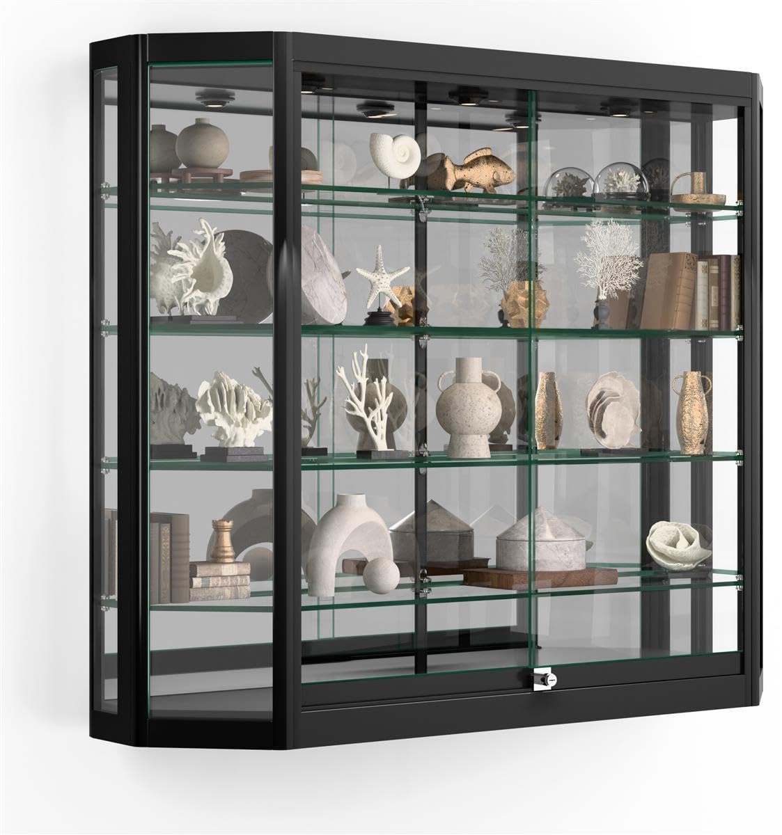 Displays2go Glass Display Cabinet with Tempered Glass Shelves - Hanging Wall Store Case with Aluminum Frame for Retail, Home, Office - Black (WC4712LEDB)