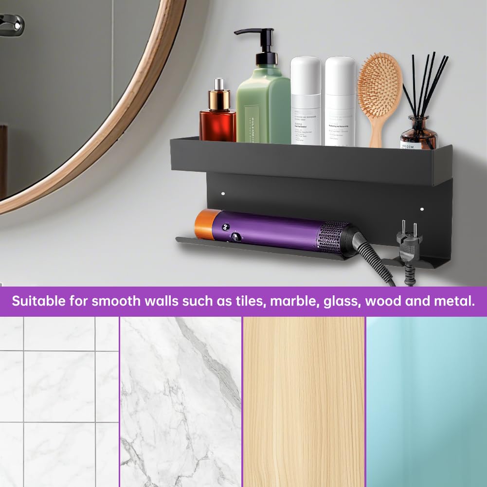Hair Dryer Holder Wall Mount, Adhesive Curling Iron Holder Organizer, Bathroom Hair Straightener Stand for Curling Iron Accessories Styler Attachments Organizer, Black