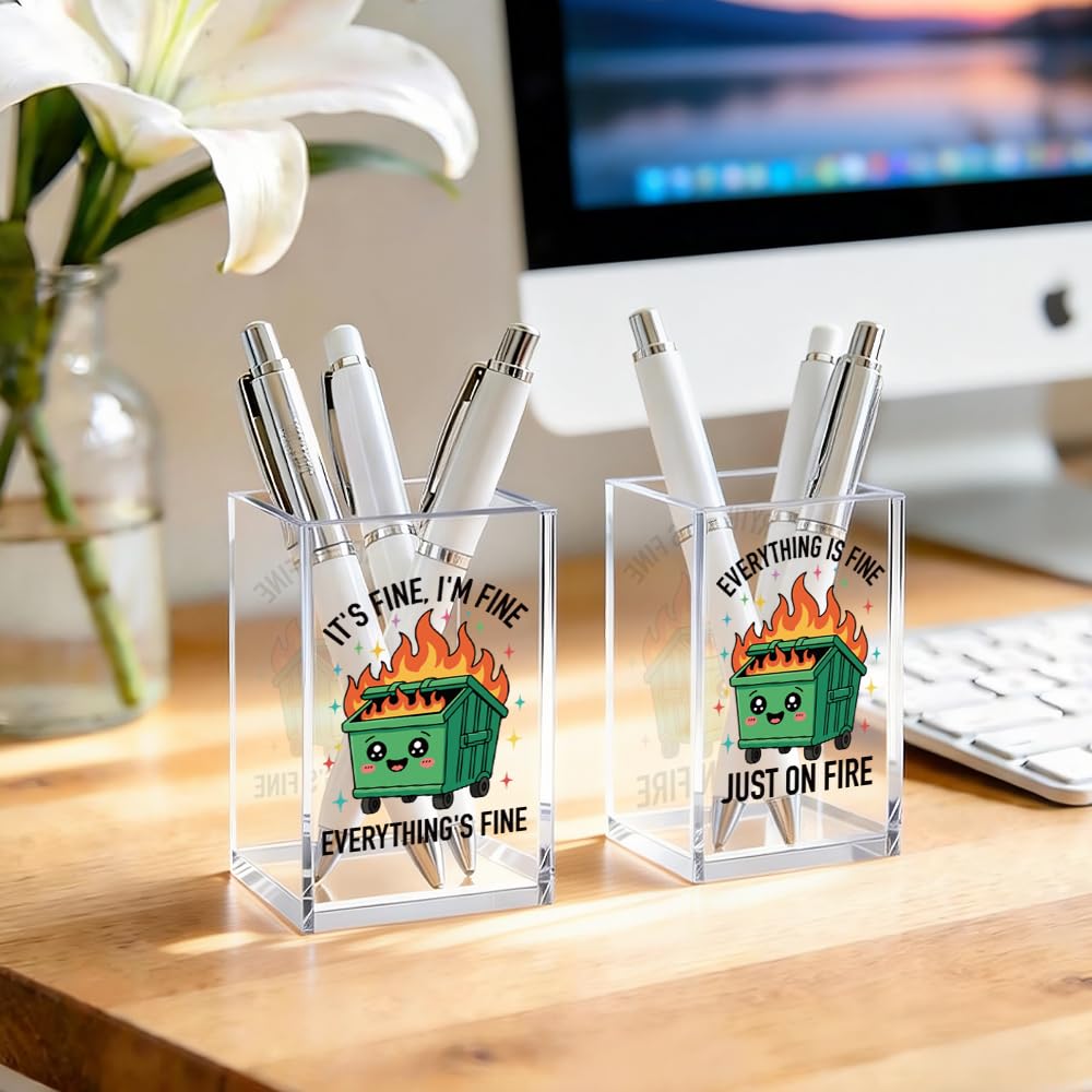 JQYCJTR I'm Fine Cute Office Pen Holder for Desk, Everything Is Fine Just On Fire Post it Holder for Desk, Funny Work Quotes 2 Pack Acrylic Cosmetic Pencil Pen Holder Cup, Office Gifts for Coworker