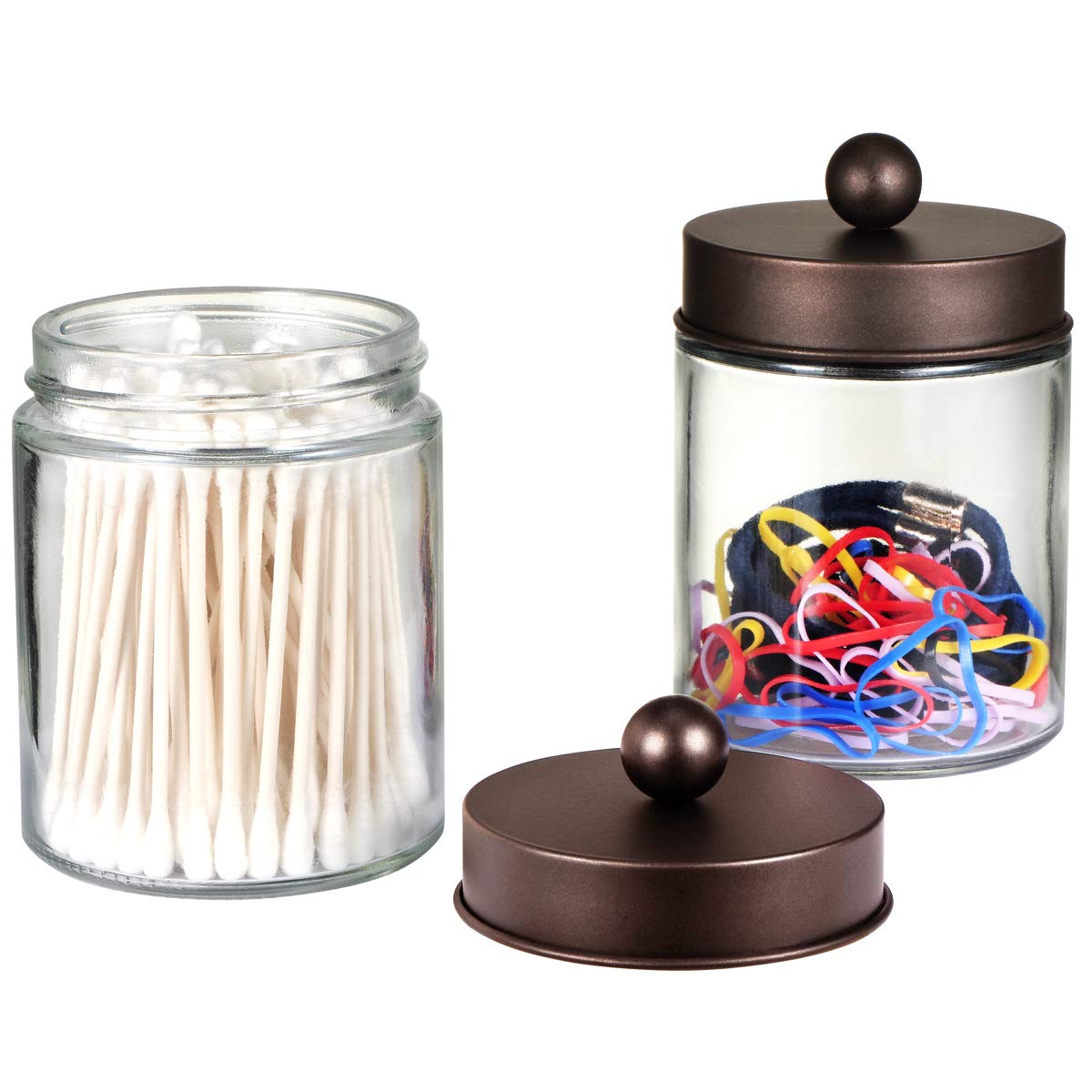 Amolliar 4 Pc Glass Apothecary Jars - Countertop Qtip Dispenser Holder with Stainless Steel Lids&Cute Stickers -Bathroom Vanity Storage Organizer Set for Qtips,Cotton Swabs/Rounds (Bronze)