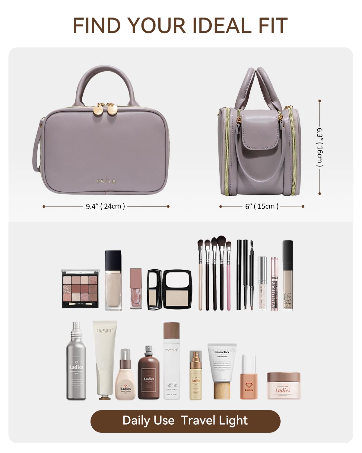 Prite Makeup Bag for Women, Large Capacity Waterproof Travel Cosmetic Organizer, Portable Open Flat Toiletry Bag with Free-standing Brush Holder and Handle(Purple Meidum)