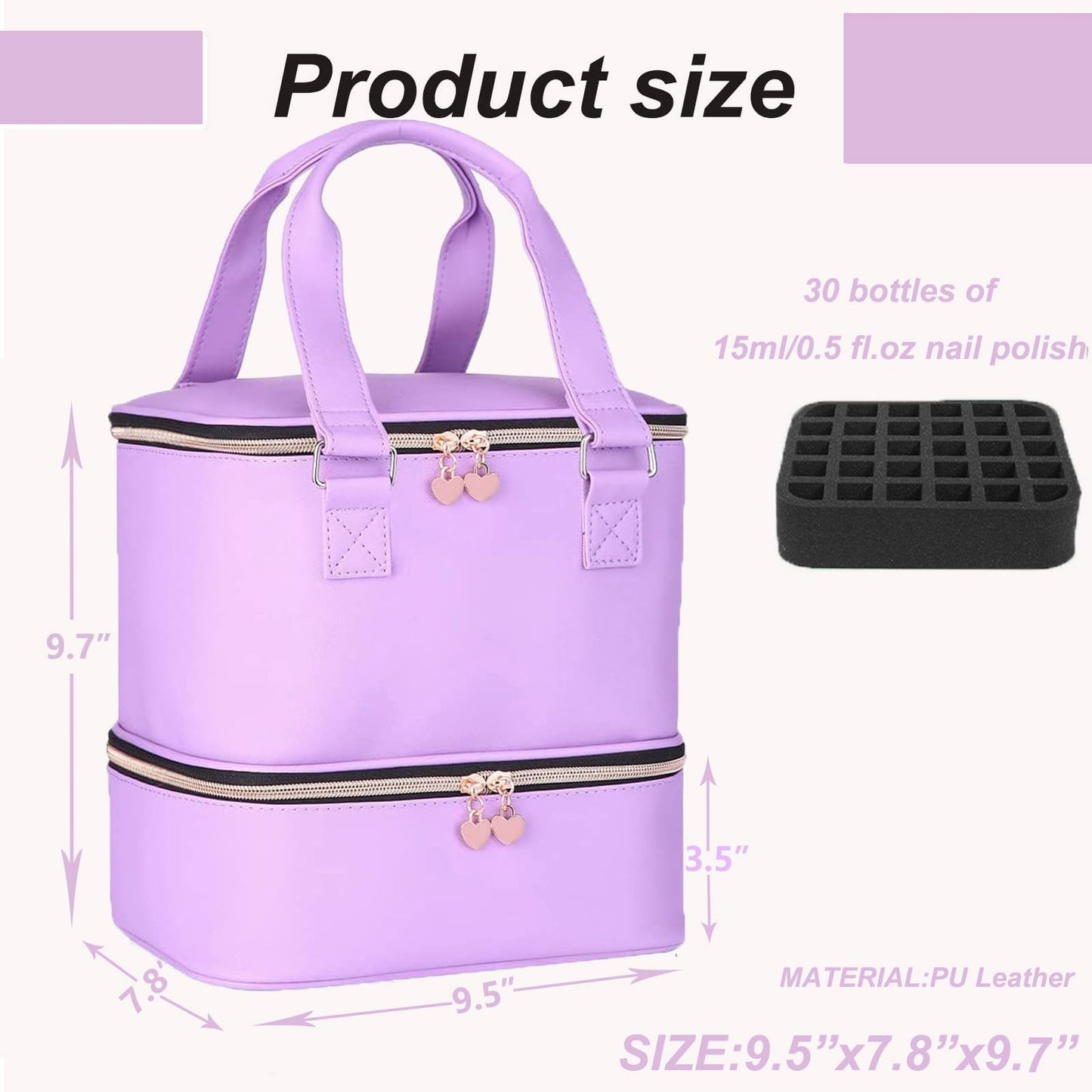 FCQQYWZ Nail polish Case, Nail Polish Organizer Bag and Nail Dryer Case Holds 30+ Bottles (15ml/0.5 fl.oz) and a Nail Lamp, Travel 2 Layer Nail Polish Storage with Sturdy Handles(Purple)