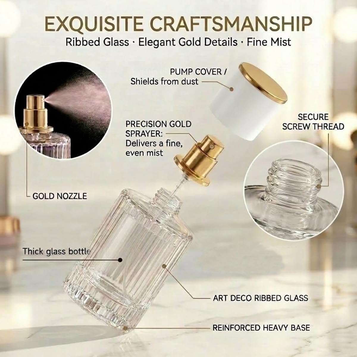 100ml Empty Perfume Spray Bottles, 3 Pack Ribbed Glass Atomizer Bottle Refillable Portable Glass Atomizers with Funnel and Dropper, Fine Mist Spray for Women Men Dispenser Fragrance Container Set