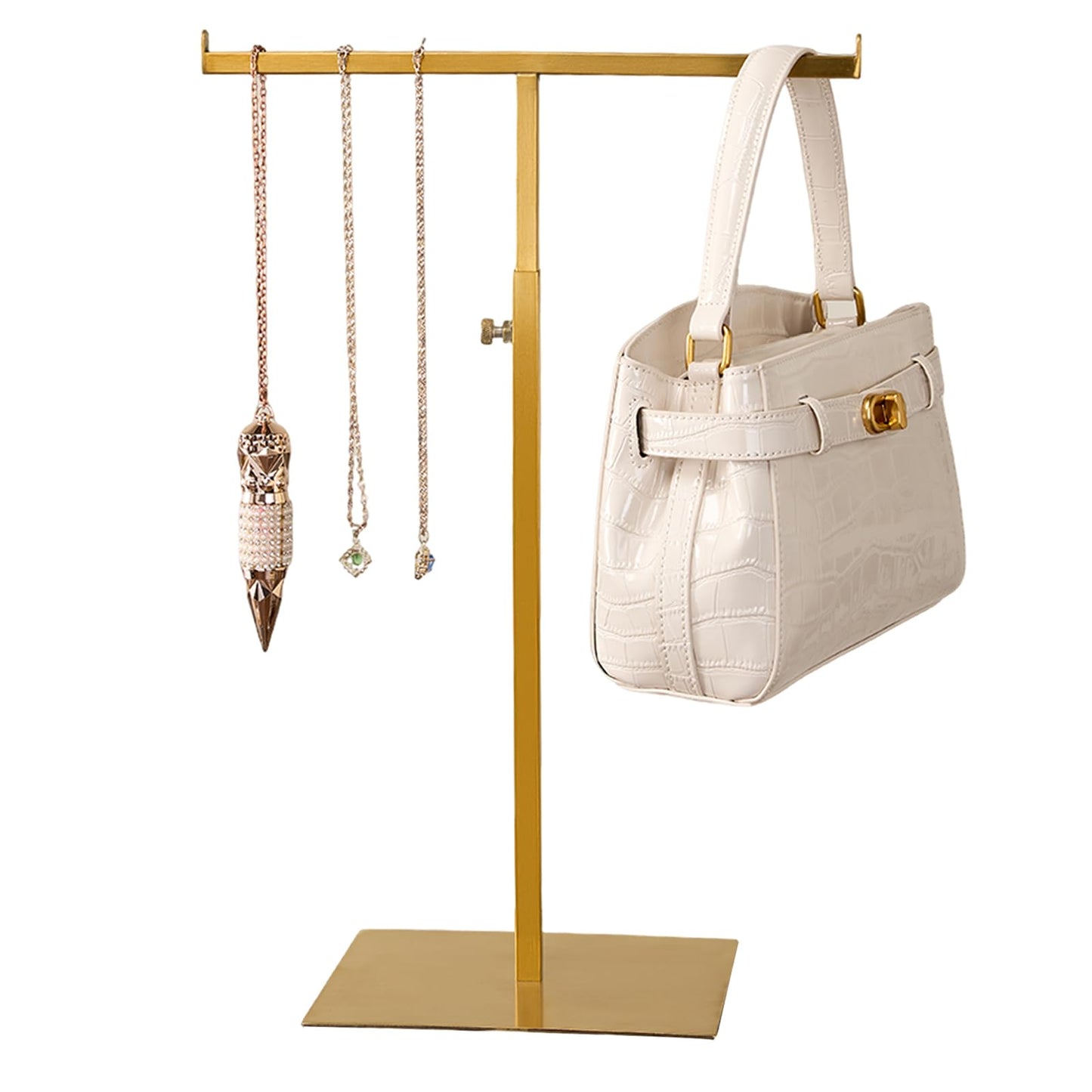 CHANJEYION Purse Display Stand Jewelry Tower Stainless Steel Handbag Stand Jewelry Stands Tabletop for Necklaces Organizer Stand Adjustable Height Home Store Boutique, Gold