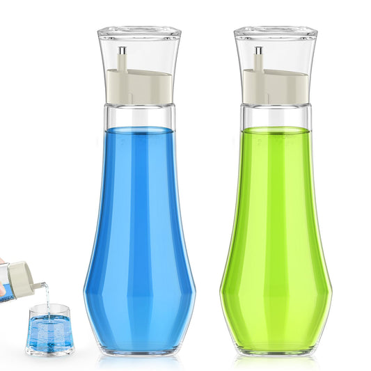 BTIFU Glass Mouthwash Dispenser for Bathroom, 8.8oz Refillable Mouth Wash Container Bottle with Lid Cup, Small Clear Mouthwash Dispensers Decanter for Countertop, Set of 2
