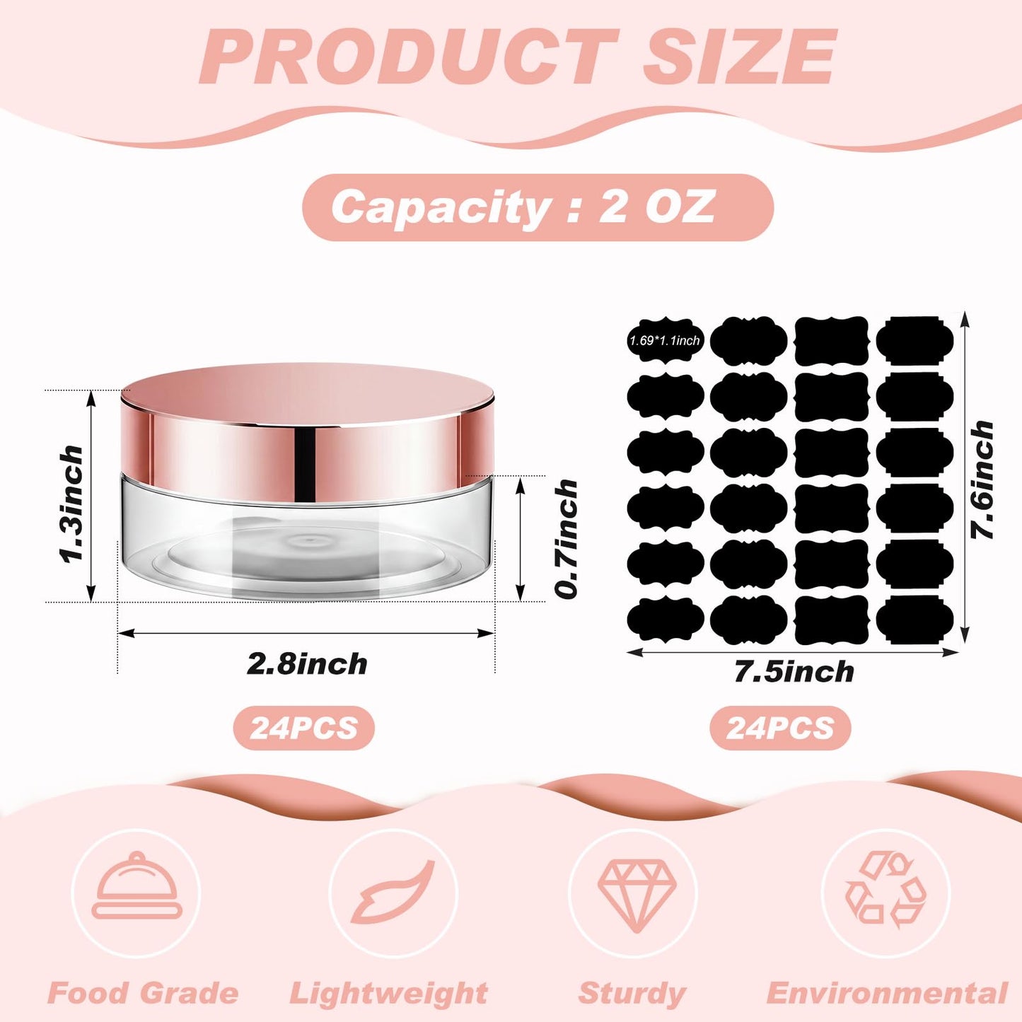Dandat 24 Pcs 2 oz Clear Plastic Jars with Rose Gold Lids and Labels, Wide Mouth Cosmetic Sample Containers, Empty PET Pots for Cream, Body Butter, Balm, Salve, Gift Packaging, Travel, Beauty Projects