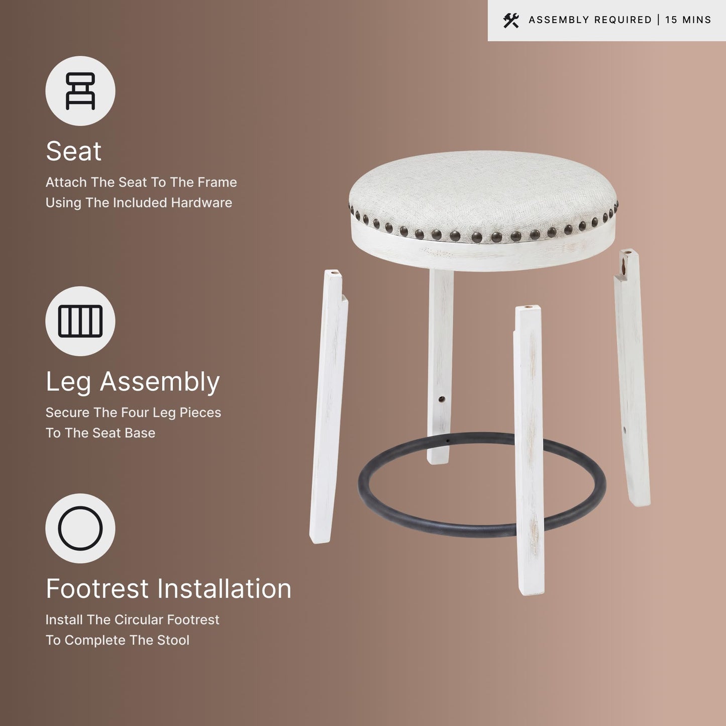 Signature Design by Ashley Valebeck Casual Upholstered Swivel Stool, Round Metal Footrest, Nailhead Trim Detail, Wood, 24", White & Black