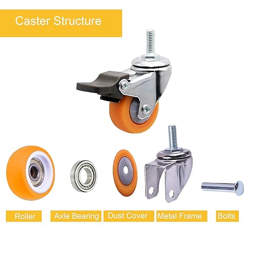 1.5" M6x15 Stem Casters Bolt Threaded Wheels,TPR Mute Rubber Swivel Single Caster Screws in Wheel Small with 2 Brake Locks-Orange