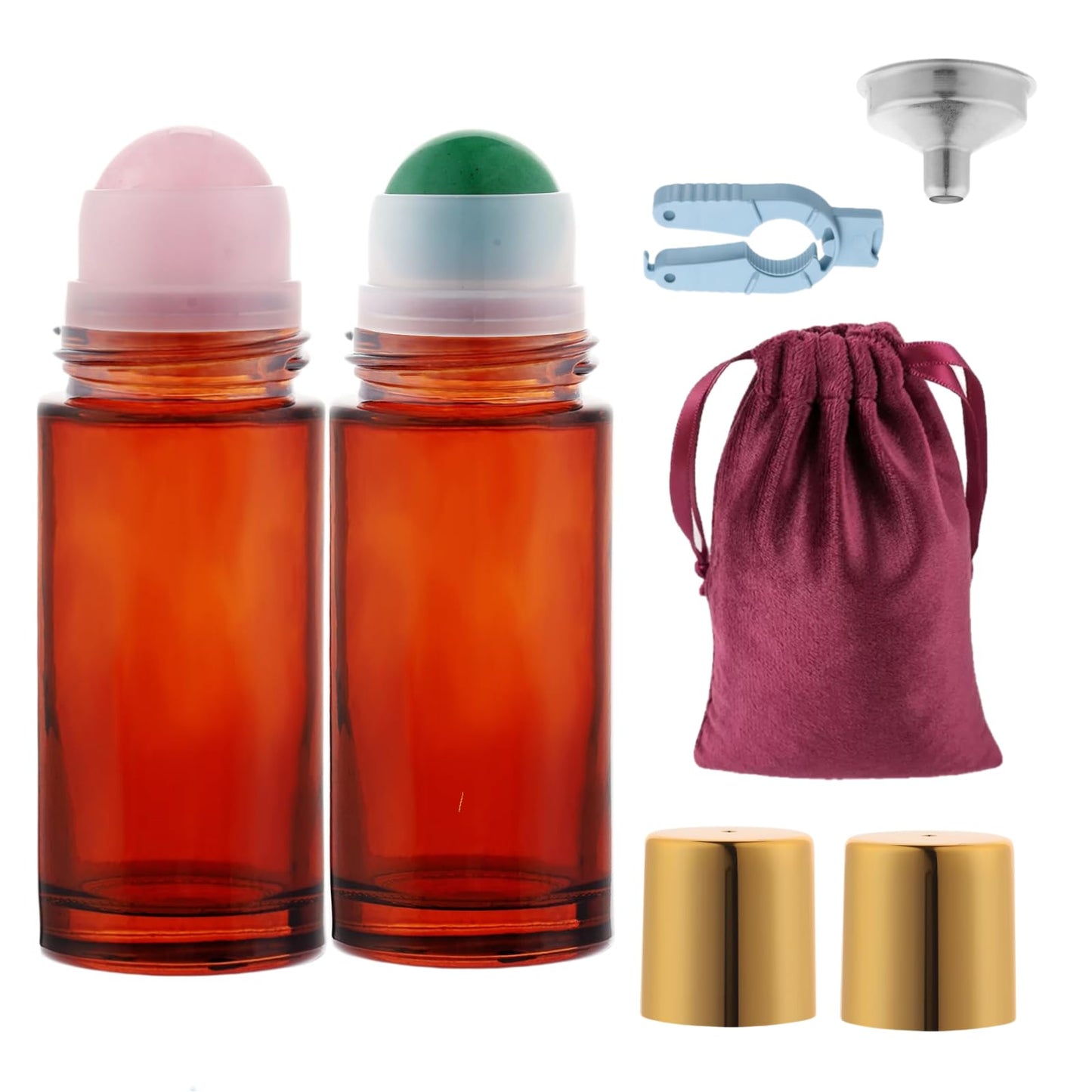 Roller Ball Applicator,Rose Quartz Roller Bottle,50ml Refillable Amber Glass Roll On Bottles with Natural Crystal Roller Balls,Leak-Proof Travel Perfume Bottle with Gold Caps (Pink+Green)