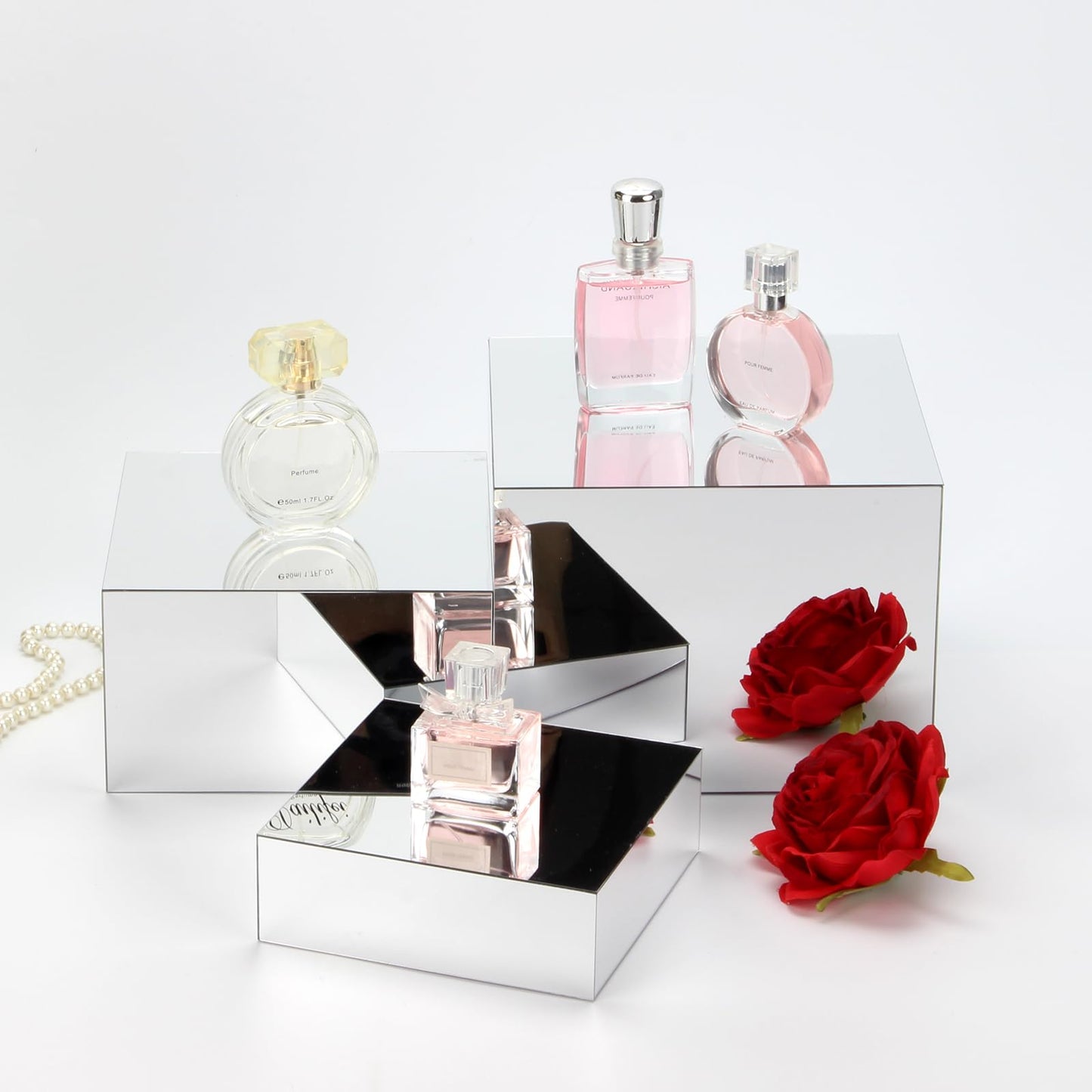 KCGANI Acrylic Silver Mirror Display Riser, 3 Pcs Glossy Silver Risers for Display Food Display Lifter Nesting Display Risers Hollow Bottom, Acrylic Box Rack Perfume Cosmetics Collection Stand