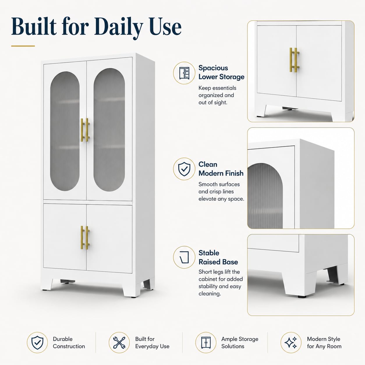 Garvee 74" H Tall Storage Cabinet, Freestanding Pantry Cabinet, Frosted Glass and Fluted Doors, 4 Door Cabinet with Adjustable Shelf, for Kitchen, Bathroom, Dining Room, Living Room, Office, White