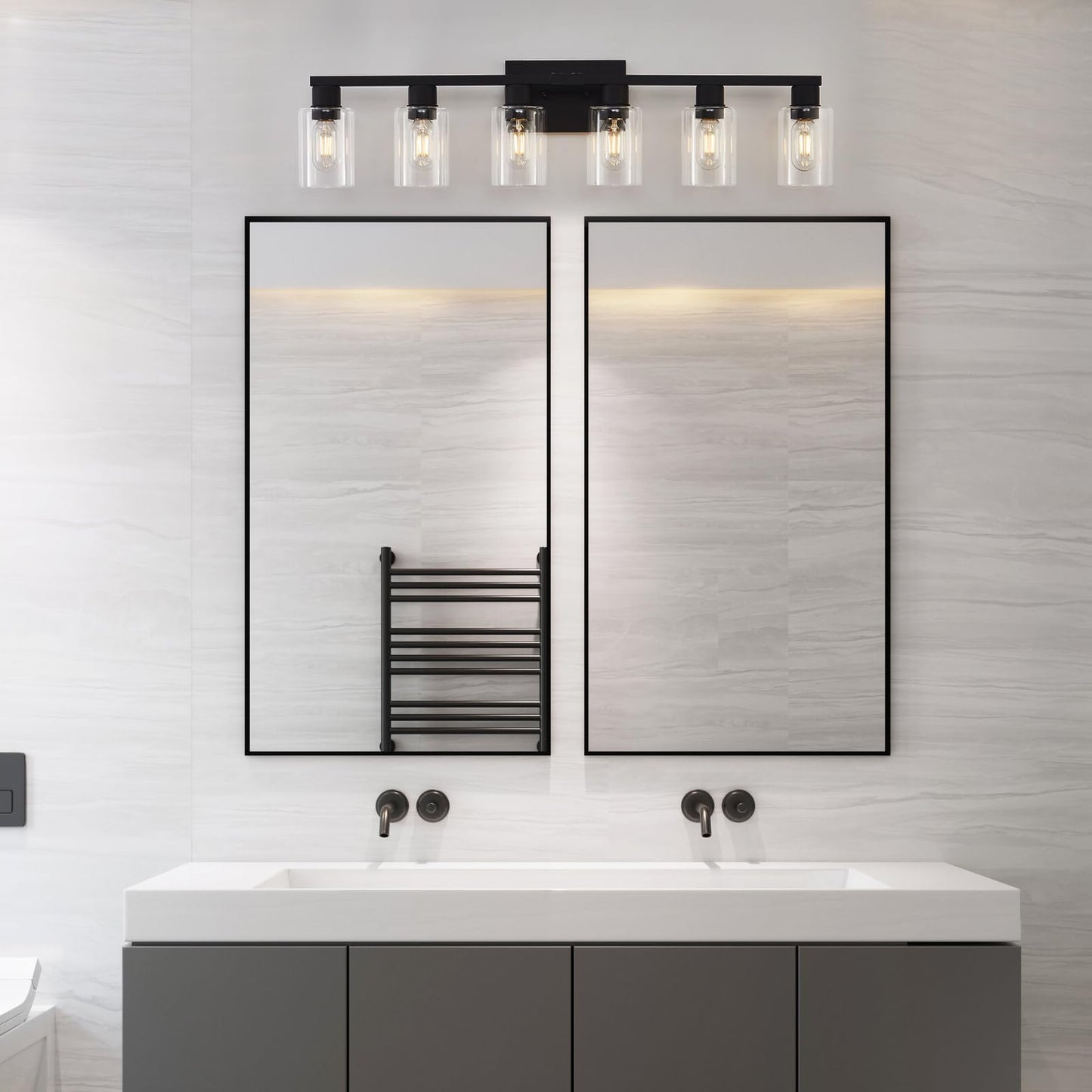 Black Bathroom Light Fixtures, 6-Light Bathroom Lighting Fixtures Over Mirror with Clear Glass Shade, Matte Black Vanity Lights, 6 Light Count Large Vanity Light Fixture for Bath, Mirror,Wall Sconce