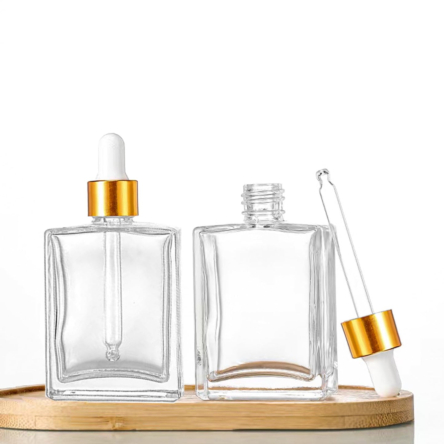 BEGIKET 6 Pack 1.7oz Clear Square Glass Dropper Bottles, 50ml Empty Square Perfumes Bottles with Eye Droppers, for Essential Oils,Liquids, Tincture Bottle (Clear -Golden Cap)