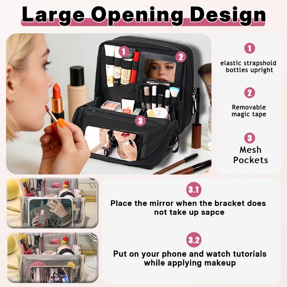 Geerlaqaly standing makeup bag, toiletry Bag 2-in-1 Women's Large Capacity Foldable Travel Makeup Storage Bag, Dry wet separation layer,Portable,black