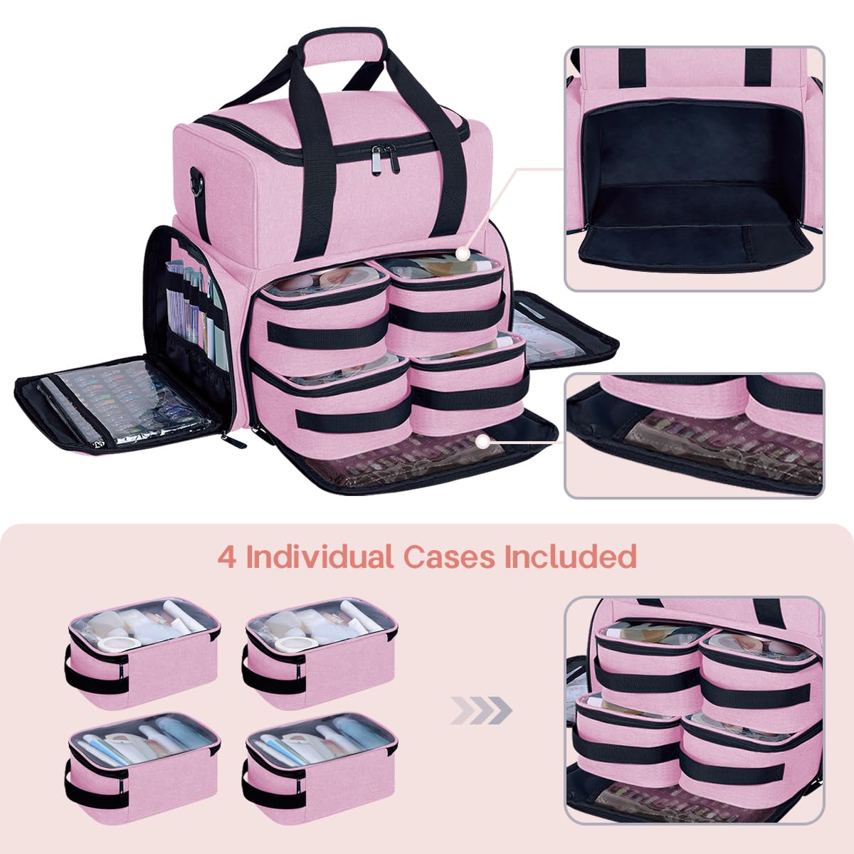 UOZL Large Cosmetic Bag with 4 Removable Case and 2 Removable Dividers Double Layer Travel Storage Organizer, Makeup Brushes Storage Section Pink