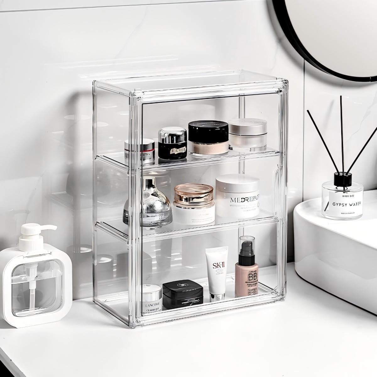 Transparent Acrylic Cosmetic Display Case with Magnetic Door - Stackable Makeup Storage Organizer for Skincare, Perfumes, Jewelry & Collectibles - Dust-Proof Clear Storage Box