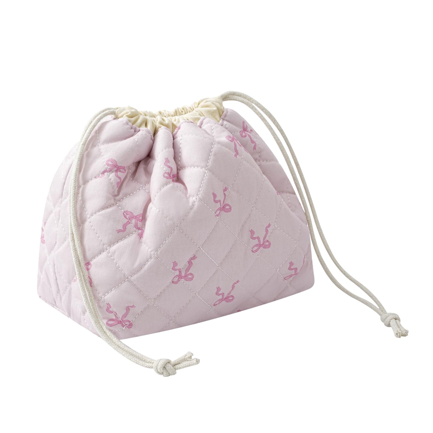 Cotton Quilted Drawstring Makeup Bag with Canvas Lining,Coquette Aesthetic Cute Travel Toiletry Bag,Drawstring Gift Bag for Women and Girls（13Small Pink Bow）