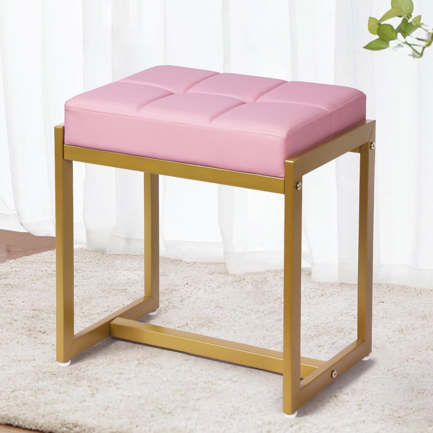 FLYZC Vanity Stool, Pink Small Vanity Stools Chair, Square Cushion Makeup Chairs for Vanity, Metal Foot Stool Ottoman Seat for Bedroom Makeup Living Room, Pink & Gold