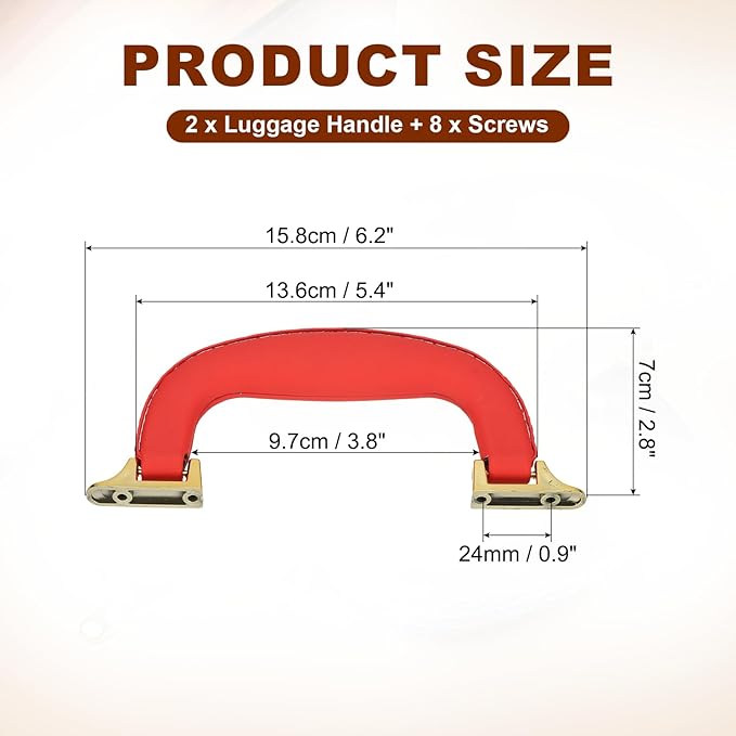 uxcell 2 Pcs PU Leather Luggage Handle, 0.9" Hole Distance Vintage U-Shape Replacement Strap Handle for Travel Handbag Guitar Musical Box Gift Boxes, Red/Gold